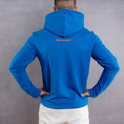 Image de dos d'un hoimme portant un hoodie bleu clair au logo orange de la collection flag
