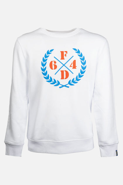 Sweatshirt Fight District blanc avec un logo "laurier" bleu et orange