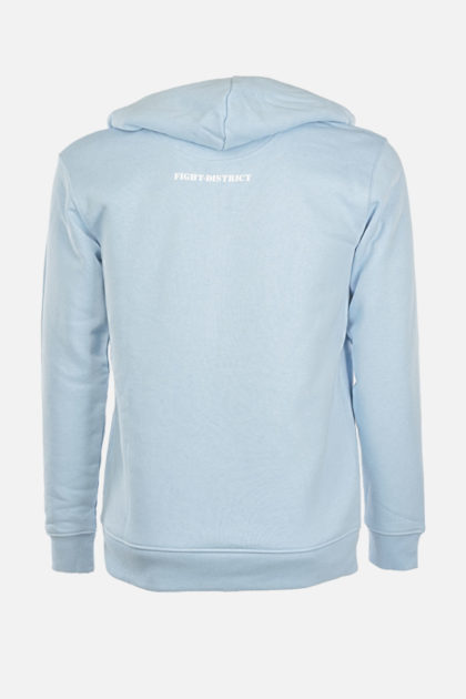 Le dos du hoodie bleu ciel avec écrit "Fight-District" juste en dessous du col