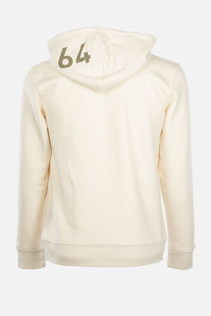 Le dos du Hoodie couleur blanc crème avec écrit 64 sur la capuche