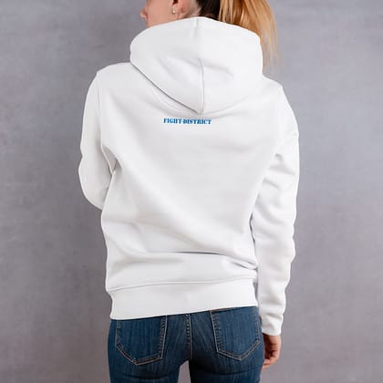 Image de dos d'une femme portant un hoodie blanc au logo bleu de la collection Laurier